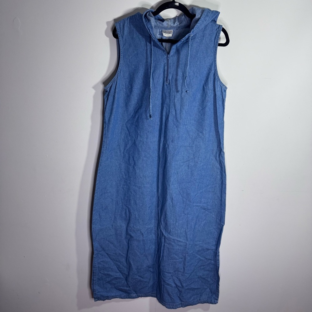 Vintage Studio Hooded Chambray Denim Sleeveless Midi Dress Size 16 USA